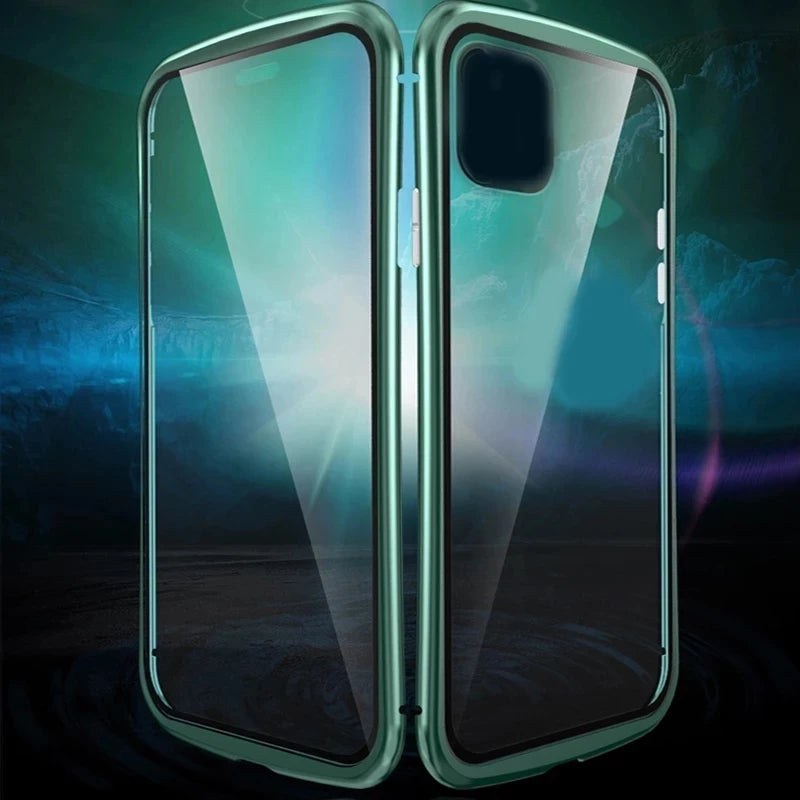 Hochwertige iPhone Hülle: Metallrahmen und doppelseitigem Glas | MagSafe-kompatible, Magnetische Adsorption, 360° Vollschutz Case | Stoßfest Glasobjektiv-Kameraschutz Panzer-Schutzhülle | Apple iPhone 16/16e, 15, 14, 13, 12 Pro Max, Pro, Plus & Mini Cover