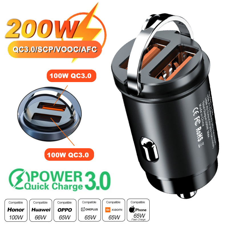 Hochwertiges 200W Mini-Autoladegerät mit Schnellladefunktion für Smartphones, Apple iPhone, Samsung, iOS & Android  Xiaomi, Huawei | QC 3.0 PD, USB Typ C Autotelefonladegerät