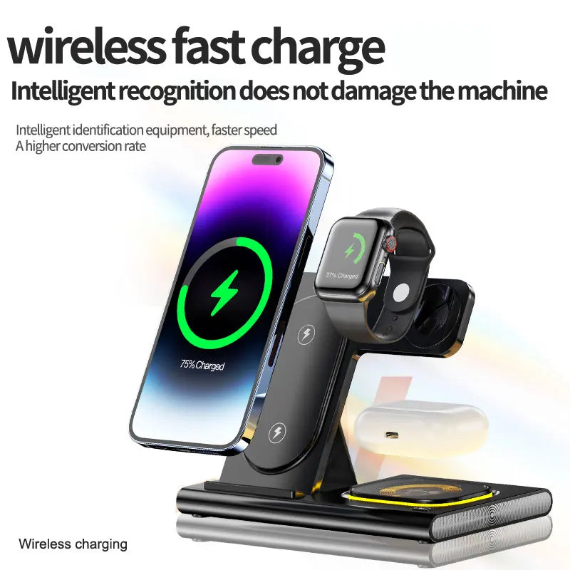 3 in 1 Kabelloses Schnell Ladestation 30W Faltbare Ladegerät LED Ladeständer: Charging Station MagSafe Dockingstation für Smartphones, Apple iPhone, Samsung, iOS & Android Watch, AirPods