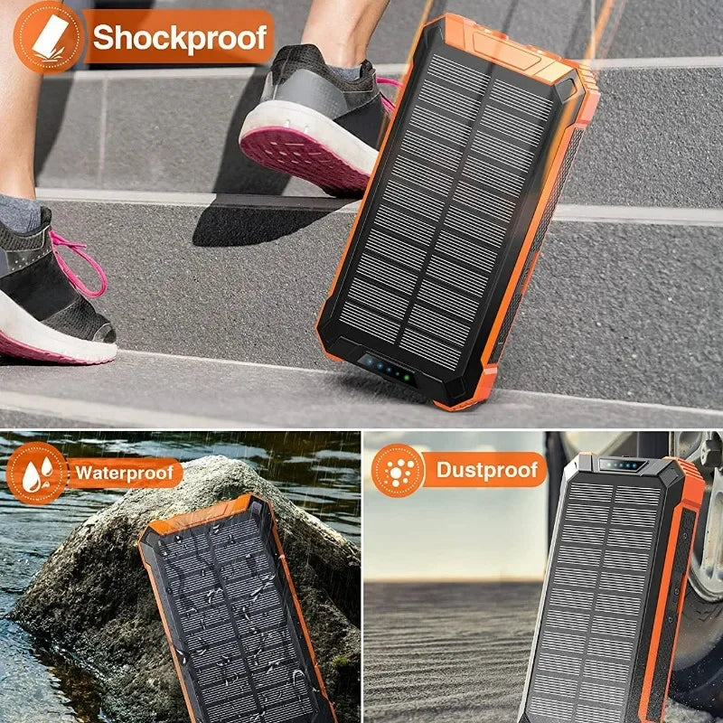 Premium Power Bank 20000mAh Solar Ladegerät | Tragbarer Externer Akku mit 5V Schnellaufladung und super heller Taschenlampe für Smartphones, Apple iPhone, Samsung, iOS & Android  unterwegs