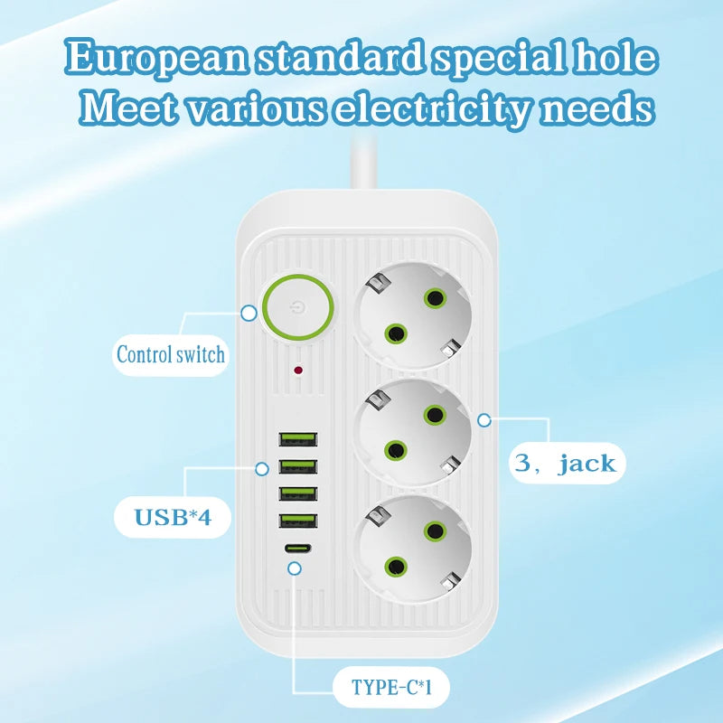 Steckdosenleiste 2 m Verlängerungskabel Multiprise 3 AC-Steckdosen mit 4 USB 1 Typ-C | Premium-Netzwerkfilter und  Ladegerät
