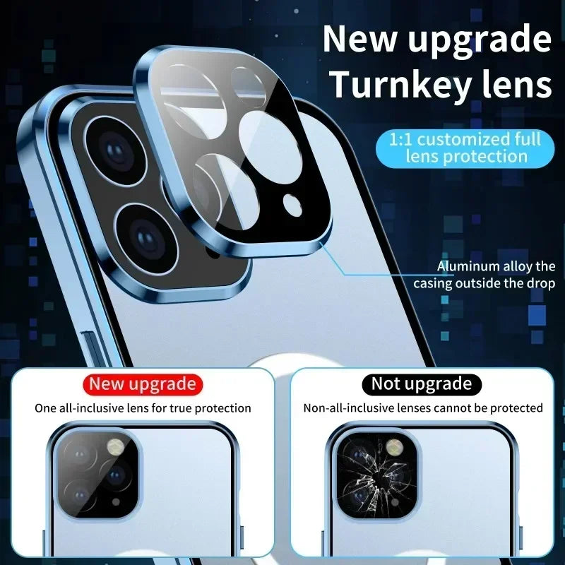 Hochwertige iPhone Hülle mit 360° Vollversiegeltem Schutz aus Glas und Metall | MagSafe-kompatible Schutzhülle mit Rundumschutz, Kameralinsenschutz für Apple iPhone 16/16e, 15, 14, 13, 12 Pro Max, Pro, Plus, Mini Cover | Panzertasche Stoßstangenabdeckung