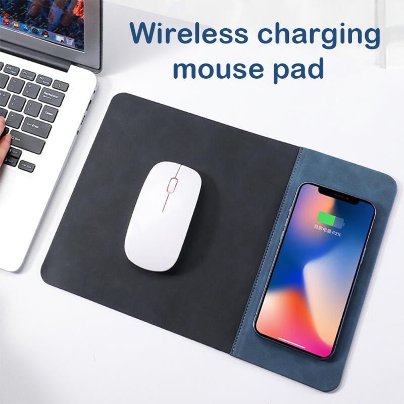 Premium Mauspad mit Qi Kabelloses Ladepad für Smartphones, Apple iPhone, Samsung, iOS & Android Watch, AirPods, Xiaomi, Huawei: USB-C, Handyhalterung, 2-in-1 PU-Leder-Matte