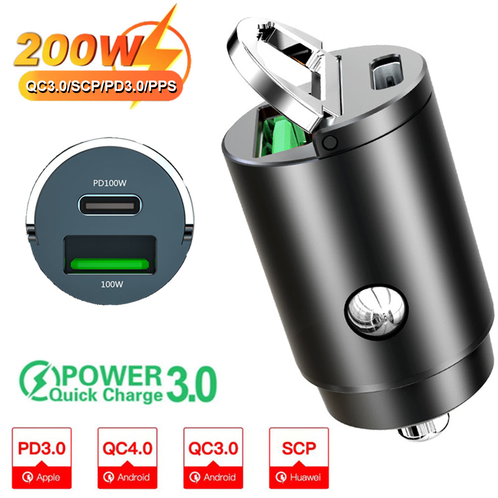 Hochwertiges 200W Mini-Autoladegerät mit Schnellladefunktion für Smartphones, Apple iPhone, Samsung, iOS & Android  Xiaomi, Huawei | QC 3.0 PD, USB Typ C Autotelefonladegerät