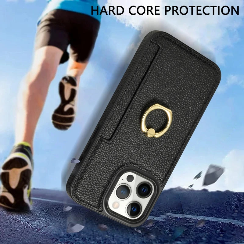 Hochwertiges Kartenfach Leder Brieftasche, Ringhalter und Ständer iPhone Hülle | MagSafe Case, Rundumschutz, Kameralinsenschutzabdeckung für Apple iPhone 16/16e, 15, 14, 13, 12 Pro Max, Pro, Plus, Mini | Panzer Handyhülle Wallet Geldbörse Schutzhülle