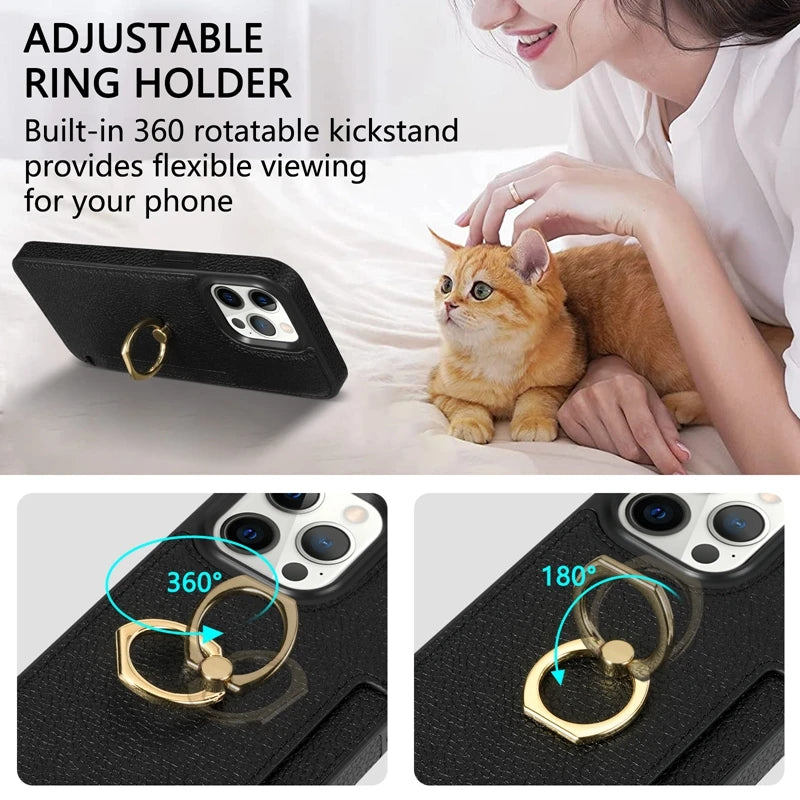Hochwertiges Kartenfach Leder Brieftasche, Ringhalter und Ständer iPhone Hülle | MagSafe Case, Rundumschutz, Kameralinsenschutzabdeckung für Apple iPhone 16/16e, 15, 14, 13, 12 Pro Max, Pro, Plus, Mini | Panzer Handyhülle Wallet Geldbörse Schutzhülle
