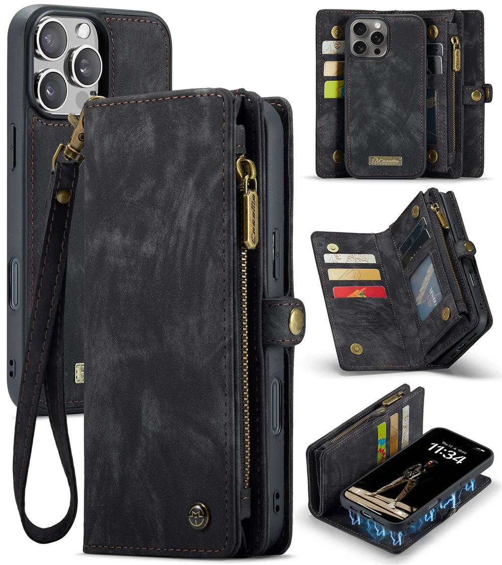 Hochwertiges 2-in-1 Abnehmbare Leder Brieftasche Flip Stand iPhone Hülle | MagSafe Case mit Rundumschutz und Kameralinsenschutzabdeckung für Apple iPhone 16/15/14/13/12 Pro Max Plus Mini Cover | Panzertasche Handyhülle | Wallet & Geldbörse Schutzhülle