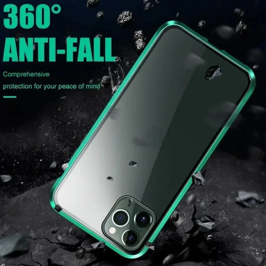 Hochwertige iPhone Hülle: Metallrahmen und doppelseitigem Glas | MagSafe-kompatible, Magnetische Adsorption, 360° Vollschutz Case | Stoßfest Glasobjektiv-Kameraschutz Panzer-Schutzhülle | Apple iPhone 16/16e, 15, 14, 13, 12 Pro Max, Pro, Plus & Mini Cover