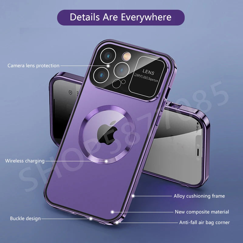 iPhone Hülle mit MagSafe: Premium Doppelseitiges HD-Glas Case, Kabellosem Laden, Kameraobjektivschutz | Stoßfestes Cover, Kameraschutzabdeckung – Magnetische Panzertasche für Apple iPhone 16/16e, 15, 14, 13, 12 Pro Max, Pro, Plus & Mini | Luxus Handyhülle