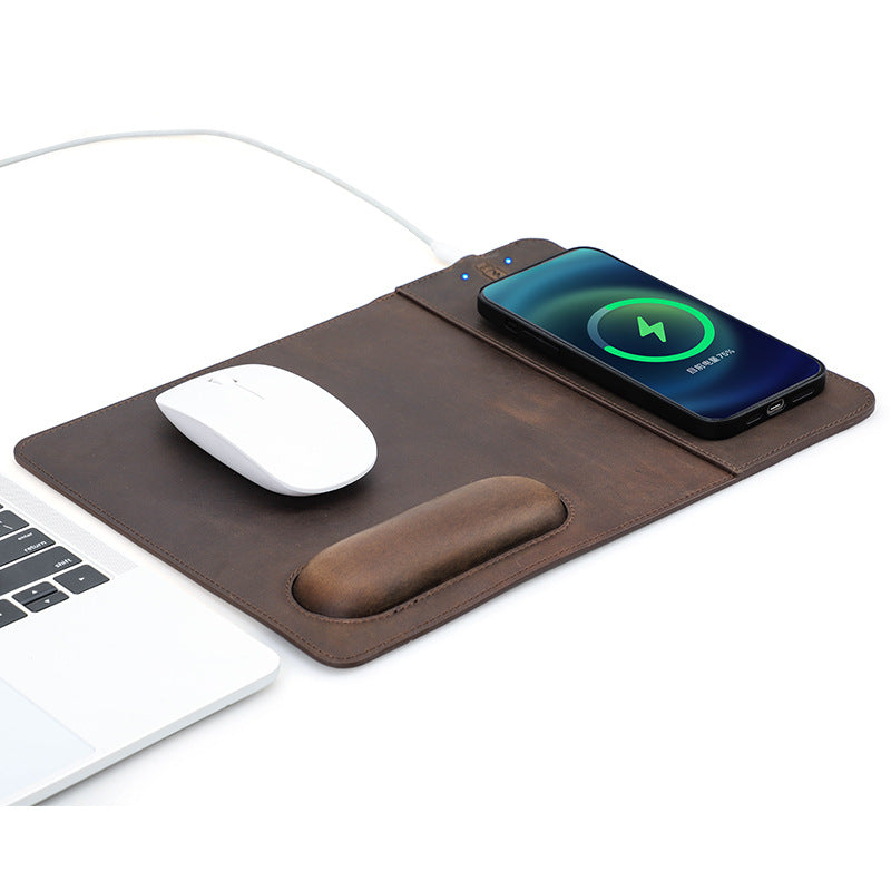 Premium Mauspad mit Qi Kabelloses Ladepad für Smartphones, Apple iPhone, Samsung, iOS & Android Watch, AirPods, Xiaomi, Huawei: USB-C, Handyhalterung, 2-in-1 PU-Leder-Matte