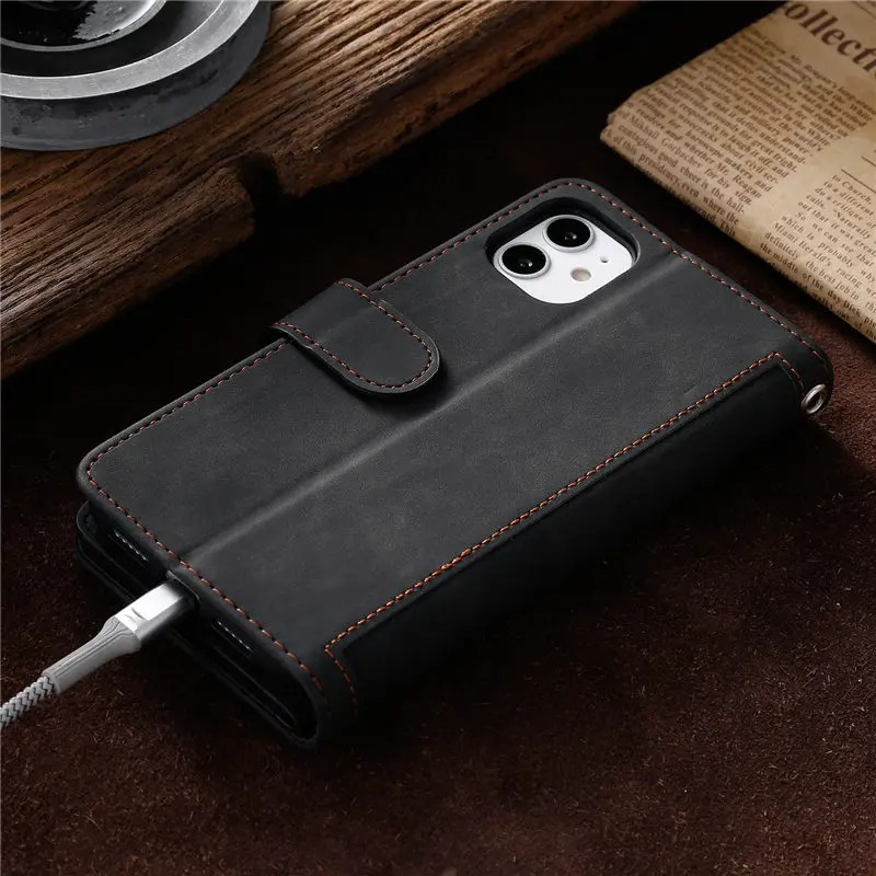 Hochwertige Leder-Handyhülle mit Reißverschluss, Kartenhalter, Stand und Riemen iPhone Hülle | Flip-Cover Case für Apple iPhone 16/16e, 15, 14, 13, 12 Pro Max, Pro, Plus & Mini - Vielseitige Schutzhülle