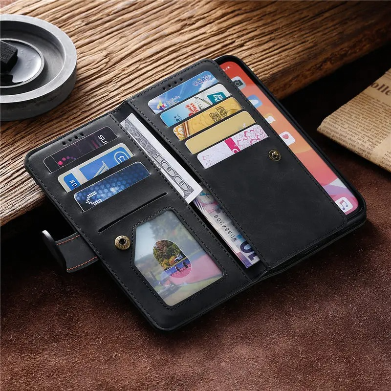 Hochwertige Leder-Handyhülle mit Reißverschluss, Kartenhalter, Stand und Riemen iPhone Hülle | Flip-Cover Case für Apple iPhone 16/16e, 15, 14, 13, 12 Pro Max, Pro, Plus & Mini - Vielseitige Schutzhülle