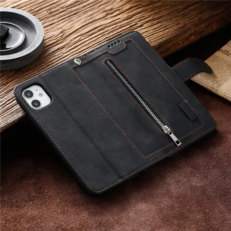 Hochwertige Leder-Handyhülle mit Reißverschluss, Kartenhalter, Stand und Riemen iPhone Hülle | Flip-Cover Case für Apple iPhone 16/16e, 15, 14, 13, 12 Pro Max, Pro, Plus & Mini - Vielseitige Schutzhülle