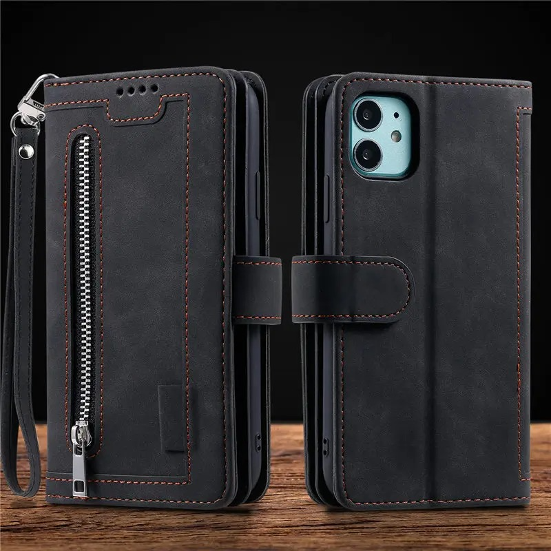 Hochwertige Leder-Handyhülle mit Reißverschluss, Kartenhalter, Stand und Riemen iPhone Hülle | Flip-Cover Case für Apple iPhone 16/16e, 15, 14, 13, 12 Pro Max, Pro, Plus & Mini - Vielseitige Schutzhülle