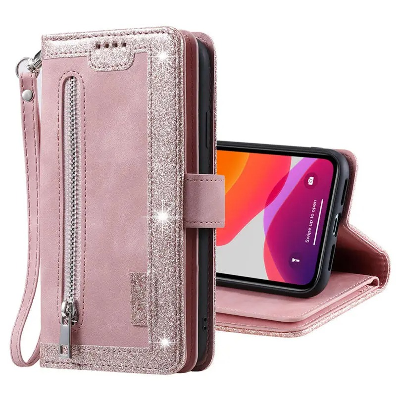 Hochwertige Leder-Handyhülle mit Reißverschluss, Kartenhalter, Stand und Riemen iPhone Hülle | Flip-Cover Case für Apple iPhone 16/16e, 15, 14, 13, 12 Pro Max, Pro, Plus & Mini - Vielseitige Schutzhülle