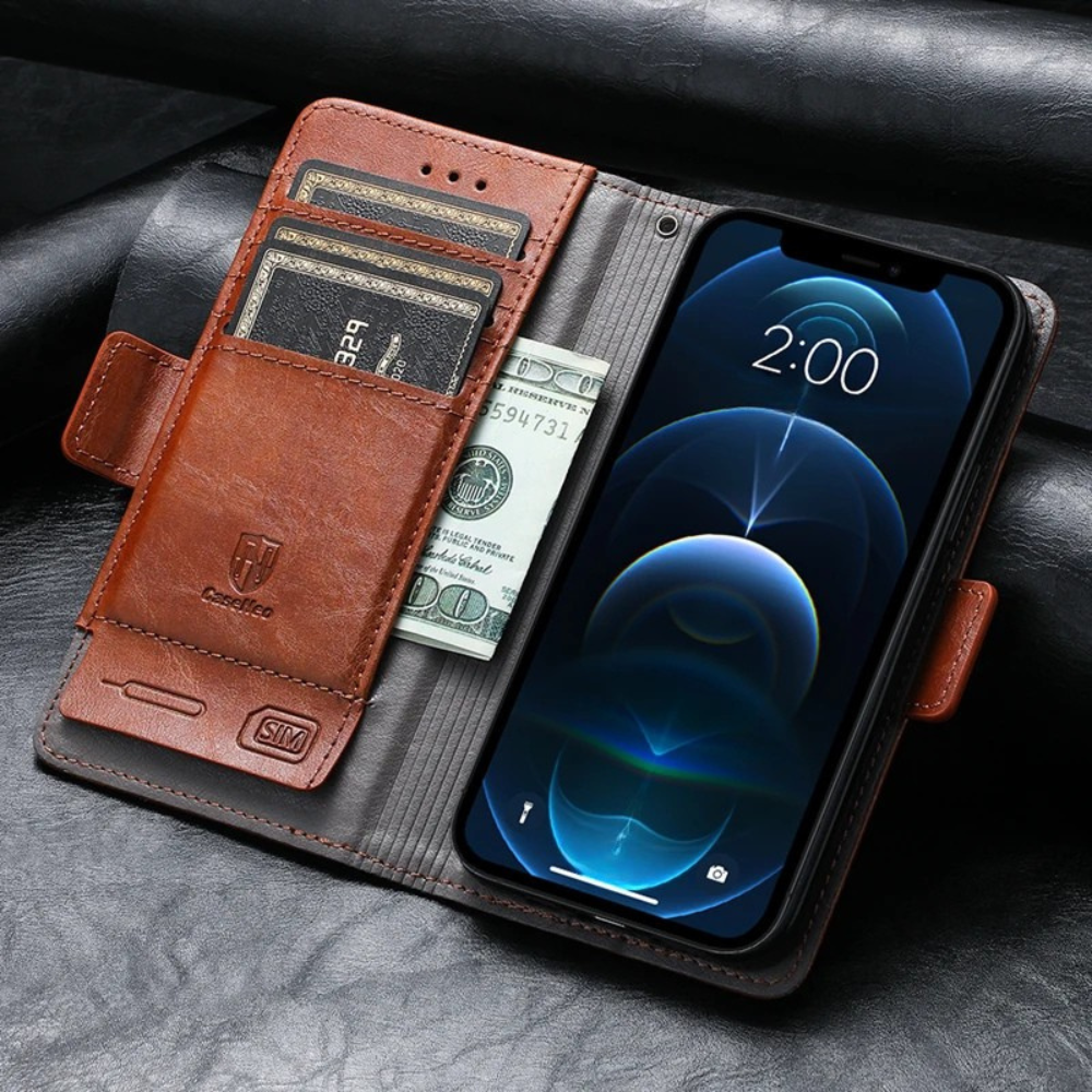 Hochwertiges Leder Flip Cover Geldbörse mit Magnetverschluss und SIM-Kartenfach iPhone Hülle | MagSafe Case, Rundumschutz und Kameralinsenschutzabdeckung für Apple iPhone 16/16e/15/14/13/12 Pro Max Plus Mini | Panzer Handyhülle, Premium Wallet Schutzhülle