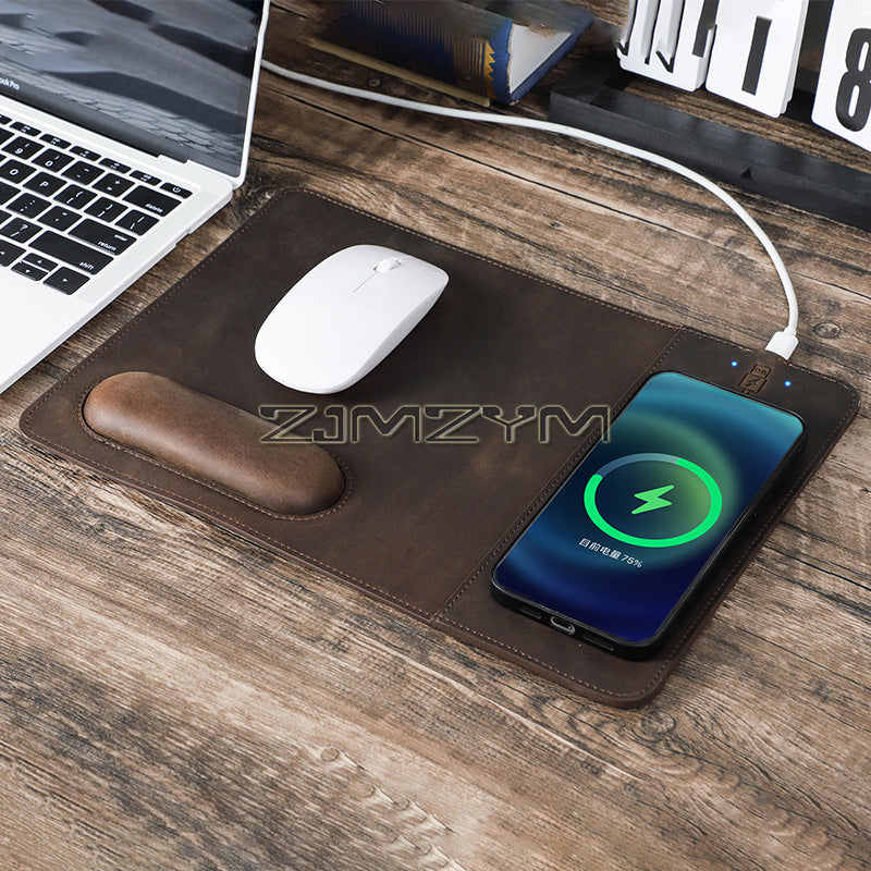 Premium Mauspad mit Qi Kabelloses Ladepad für Smartphones, Apple iPhone, Samsung, iOS & Android Watch, AirPods, Xiaomi, Huawei: USB-C, Handyhalterung, 2-in-1 PU-Leder-Matte