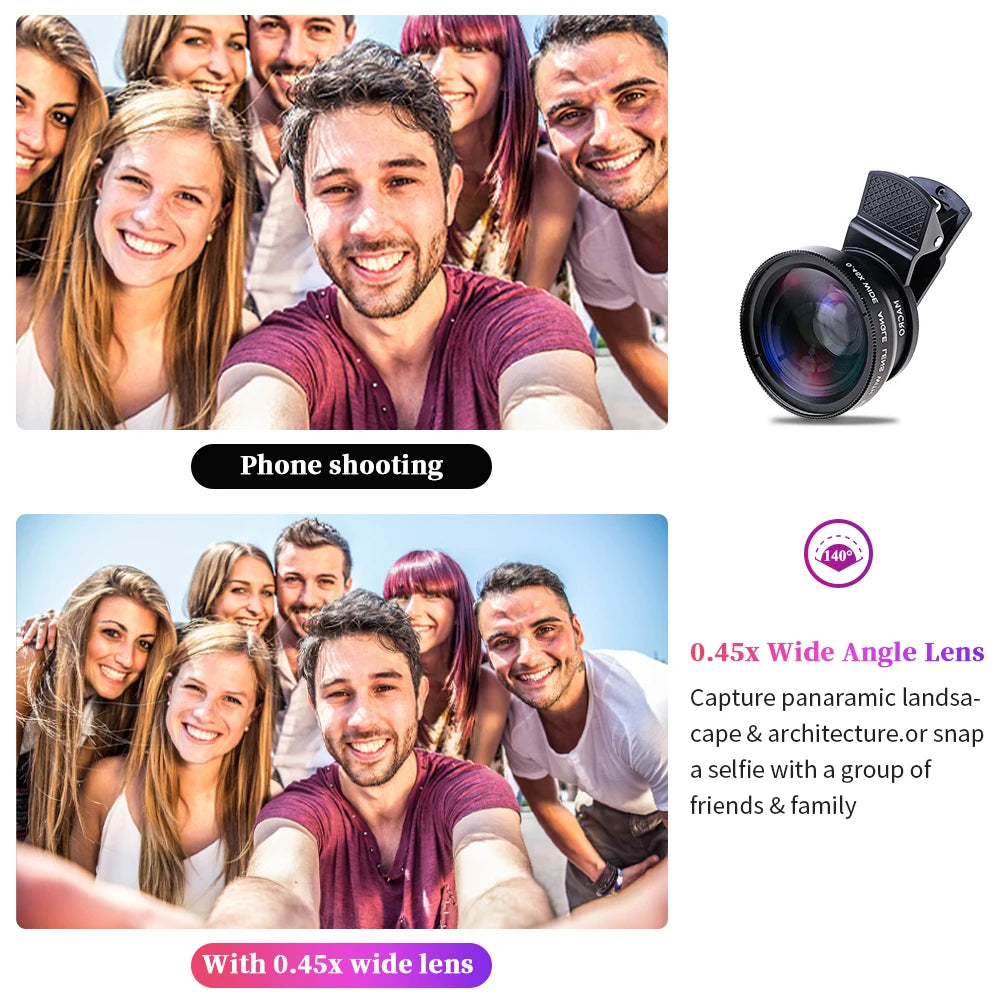 Hochwertiges 2-in-1 Universal-Clip 37mm Handyobjektiv: 0,45x 49UV Super-Weitwinkel + Makro HD, für Smartphones |