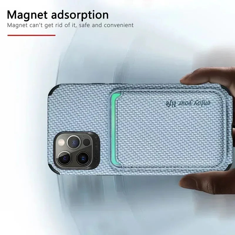 Hochwertiges Kohlefaser-Magnetgehäuse mit Kartenhalter iPhone Hulle | MagSafe Wallet Case Schutzhülle, Rundumschutz, Kameralinsenschutz | Panzertasche Handyhülle für Apple iPhone 16/16e, 15, 14, 13, 12 Pro Max, Pro, Plus, Mini Cover | Limitierte Auflage