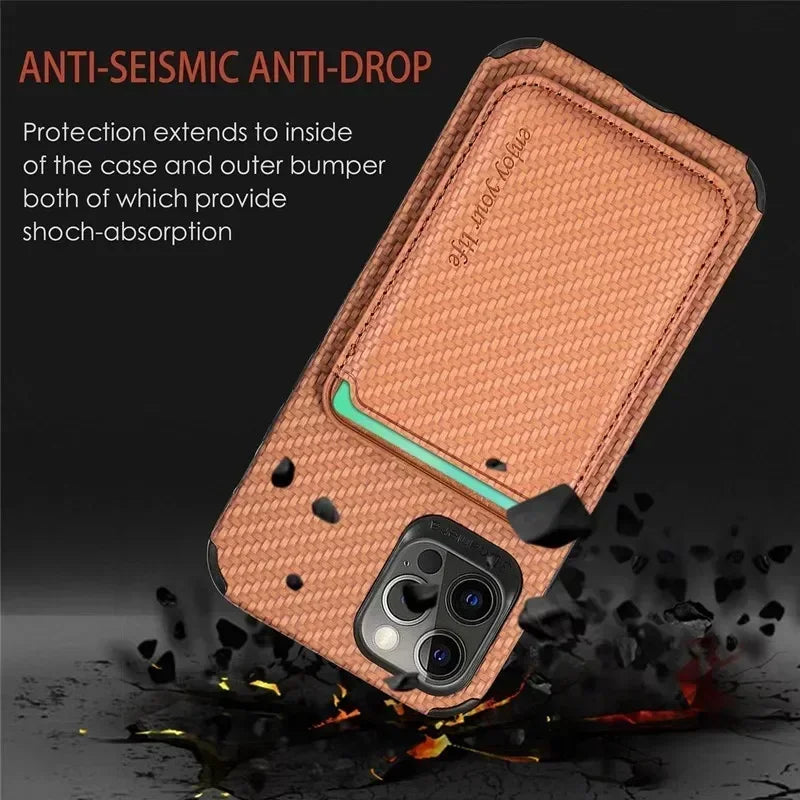 Hochwertiges Kohlefaser-Magnetgehäuse mit Kartenhalter iPhone Hulle | MagSafe Wallet Case Schutzhülle, Rundumschutz, Kameralinsenschutz | Panzertasche Handyhülle für Apple iPhone 16/16e, 15, 14, 13, 12 Pro Max, Pro, Plus, Mini Cover | Limitierte Auflage