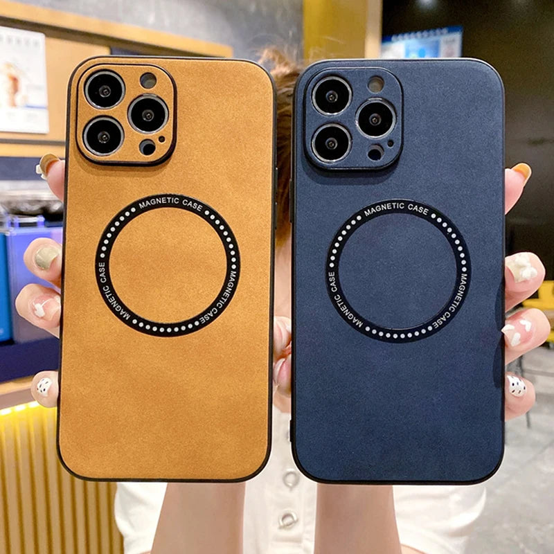 Hochwertige Leder MagSafe Case: Magnetische iPhone-Hülle | Stoßfestes Cover mit Kameraschutzabdeckung – Panzertasche für Apple iPhone 16/15/14/13/12 Pro Max Plus Mini | Luxus Handyhülle