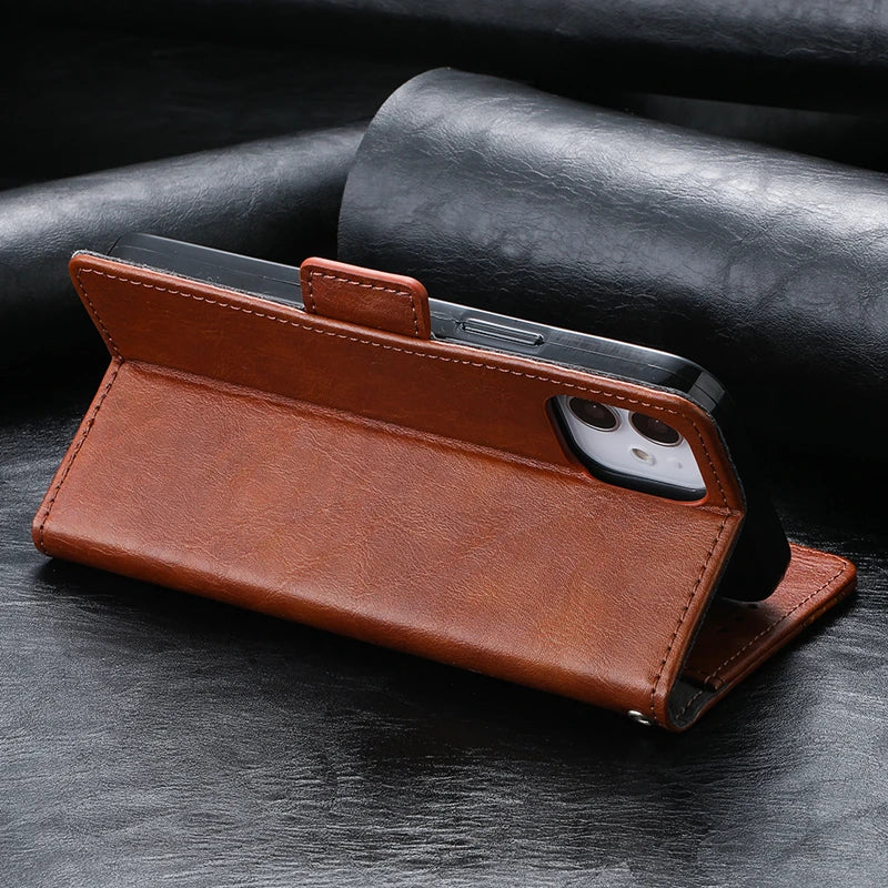 Hochwertiges Leder Flip Cover Geldbörse mit Magnetverschluss und SIM-Kartenfach iPhone Hülle | MagSafe Case, Rundumschutz und Kameralinsenschutzabdeckung für Apple iPhone 16/16e/15/14/13/12 Pro Max Plus Mini | Panzer Handyhülle, Premium Wallet Schutzhülle