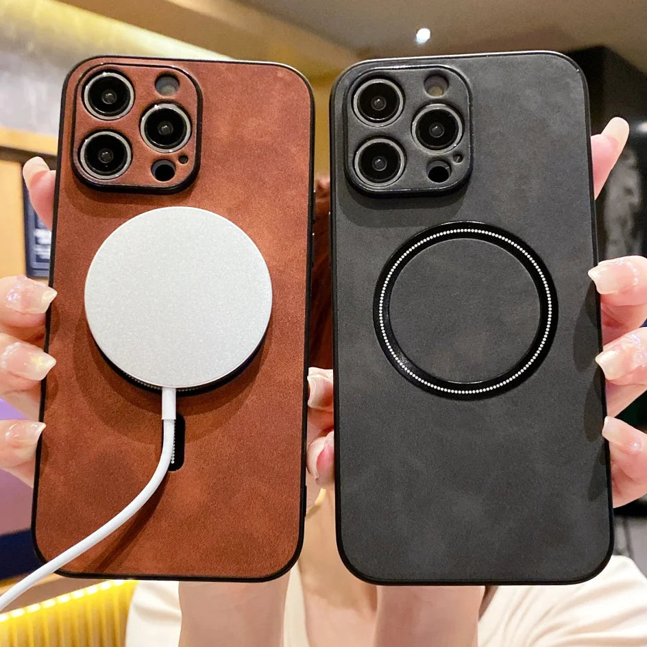 Hochwertige Leder MagSafe Case: Magnetische iPhone-Hülle | Stoßfestes Cover mit Kameraschutzabdeckung – Panzertasche für Apple iPhone 16/15/14/13/12 Pro Max Plus Mini | Luxus Handyhülle