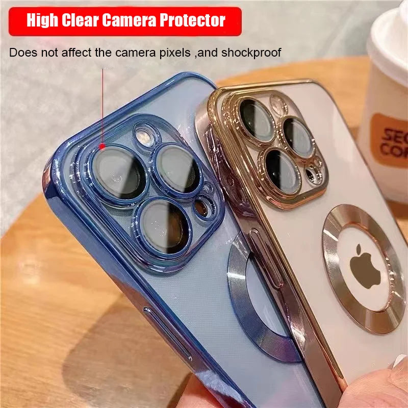 Luxus Apple iPhone Hülle | MagSafe kompatibel, Kameraobjektiv-Schutz, Displayschutz | Ultra Dünn, Stoßfest, Magnetisch, Rundum-Schutz Cover – Kristallklares Glas, Veredelte Kanten, Silikon-Design, Langlebig & Elegant