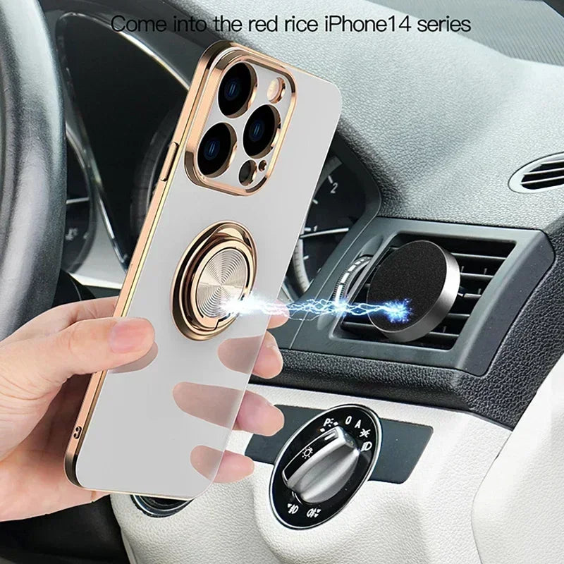 Luxus Silikon Magnetische Ringhalter und Ständer iPhone Hülle | MagSafe Case, Rundumschutz, Kameralinsenschutzabdeckung für Apple iPhone 17/17 Air, 16/16e, 15, 14, 13 Pro Max Plus Cover | Panzertasche, Stoßstangenabdeckung Handyhülle | Premium Schutzhülle