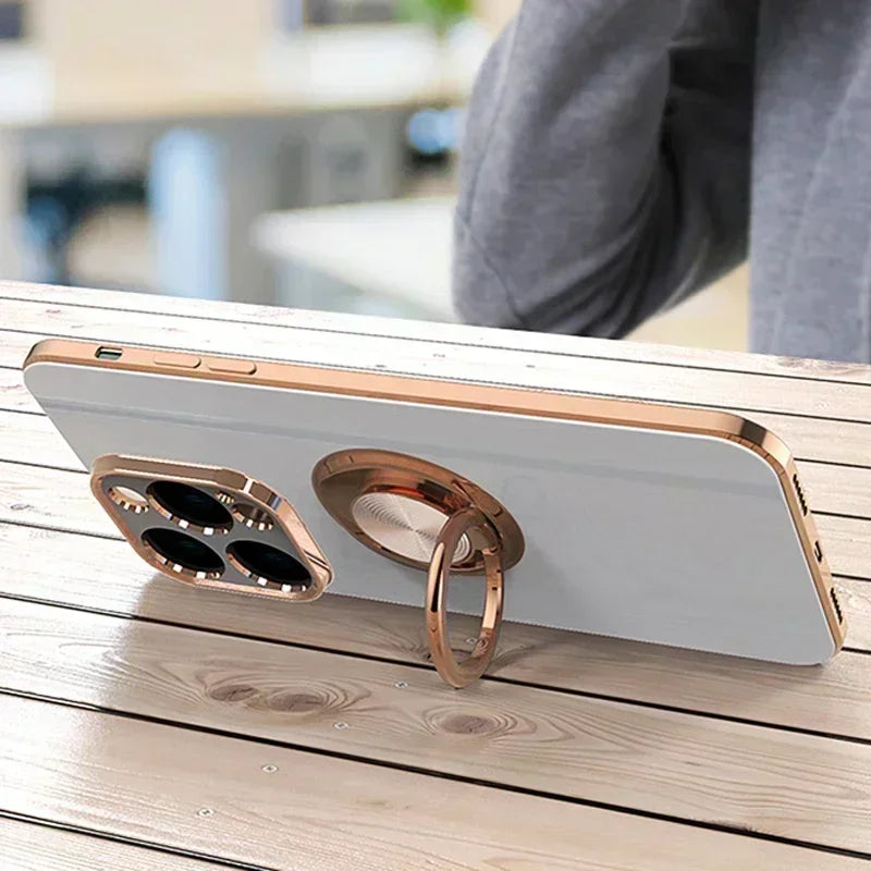 Luxus Silikon Magnetische Ringhalter und Ständer iPhone Hülle | MagSafe Case, Rundumschutz, Kameralinsenschutzabdeckung für Apple iPhone 17/17 Air, 16/16e, 15, 14, 13 Pro Max Plus Cover | Panzertasche, Stoßstangenabdeckung Handyhülle | Premium Schutzhülle