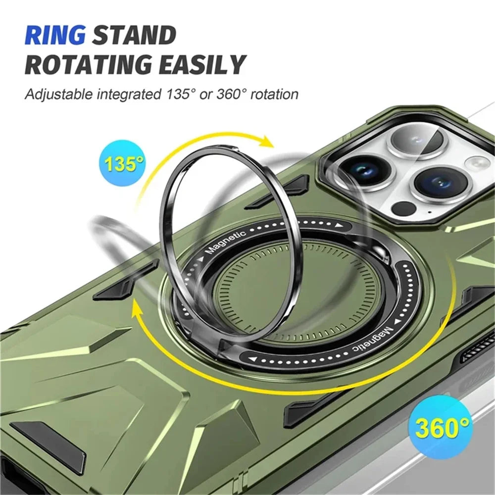 Hochwertige Militärpanzer-iPhone-Hülle, 360-Grad drehbarem Ringständer Halterung | MagSafe Case, Kameraschutzabdeckung für Apple iPhone 16/15/14/13/12 Pro Max Plus Mini Cover | Magnetisches kabelloses Laden, Harte PC-Panzertasche, stoßfeste Handyhülle