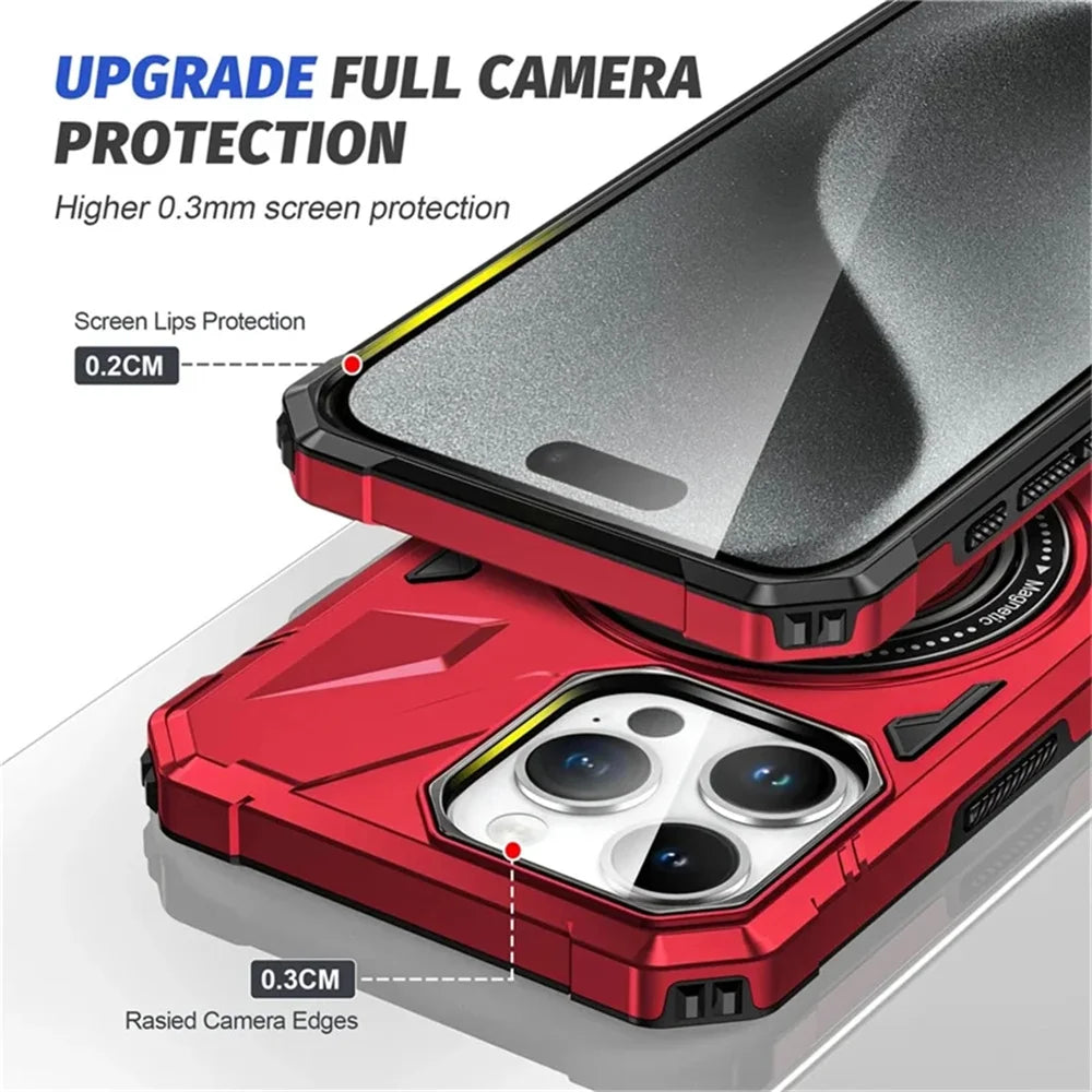 Hochwertige Militärpanzer-iPhone-Hülle, 360-Grad drehbarem Ringständer Halterung | MagSafe Case, Kameraschutzabdeckung für Apple iPhone 16/15/14/13/12 Pro Max Plus Mini Cover | Magnetisches kabelloses Laden, Harte PC-Panzertasche, stoßfeste Handyhülle