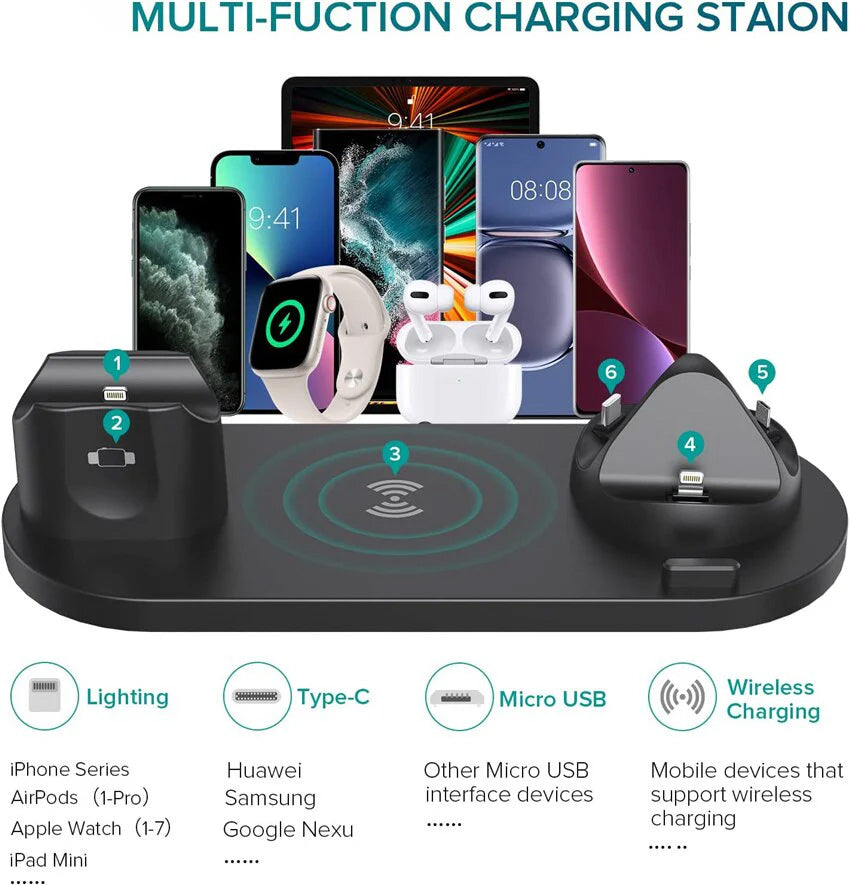 7-in-1 Ladestation Schnelle Kabellose Ladegerät | Schnellladestation, Watch, AirPods, Smartphones, Apple iPhone, Samsung, iOS & Android Schnellladegerät Charging Station
