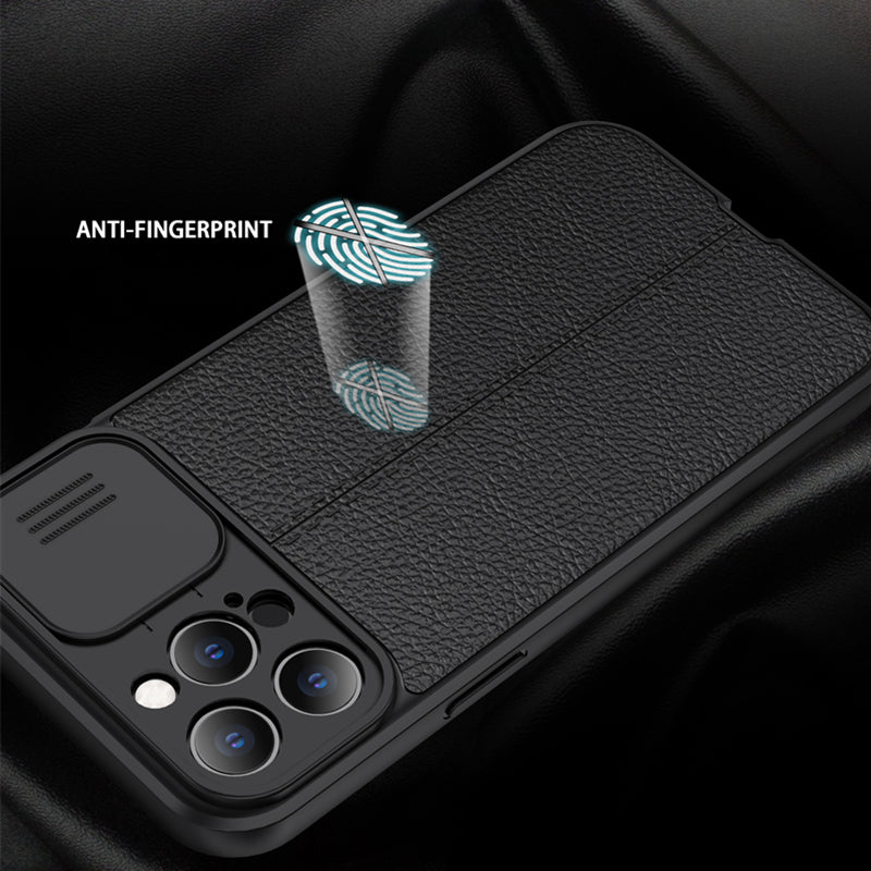 Hochwertiges Kamera Slider Objektiv mit luxuriöser Leder Textur iPhone Hülle | MagSafe Case mit Rundumschutz und Kameralinsenschutzabdeckung für Apple iPhone 17/17 Air, 16/16e, 15, 14, 13 Pro Max Plus Cover | Panzertasche Handyhülle | Premium Schutzhülle