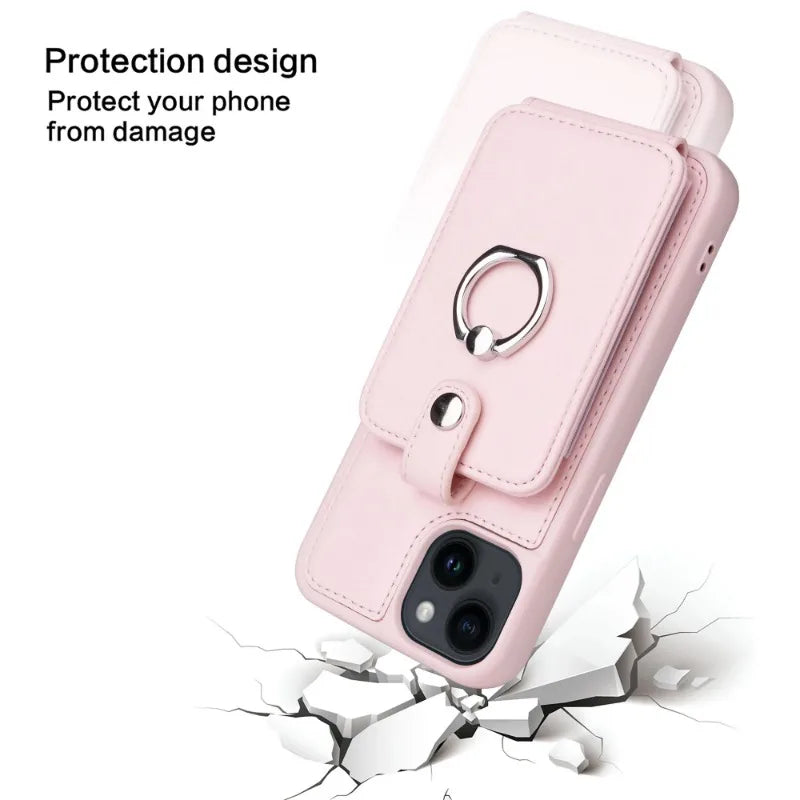 Hochwertige Karten-Slot-Brieftasche, Portmonee mit Leder-Ringhalterung iPhone-Hülle | MagSafe Case mit Kameralinsenschutzabdeckung für Apple iPhone 16/15/14/13/12 Pro Max Plus Mini Cover | Panzertasche Handyhülle | Wallet & Geldbörse Schutzhülle