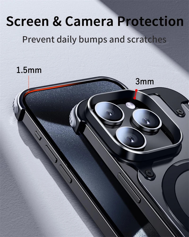 Premium Ultradünne Magnetische Randlose Matte Metall-Aluminiumständer iPhone-Hülle | MagSafe-Case Rundumschutz, Kameralinsenschutz für Apple iPhone 16/15/14/13/12 Pro Max, Pro, Plus, e, Mini Cover | Stoßfeste Panzertasche, Stoßstangenabdeckung Schutzhülle
