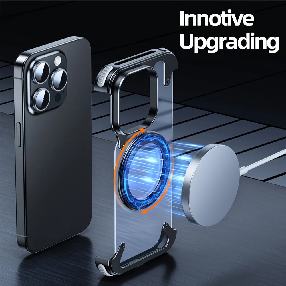 Premium Ultradünne Magnetische Randlose Matte Metall-Aluminiumständer iPhone-Hülle | MagSafe-Case Rundumschutz, Kameralinsenschutz für Apple iPhone 16/15/14/13/12 Pro Max, Pro, Plus, e, Mini Cover | Stoßfeste Panzertasche, Stoßstangenabdeckung Schutzhülle