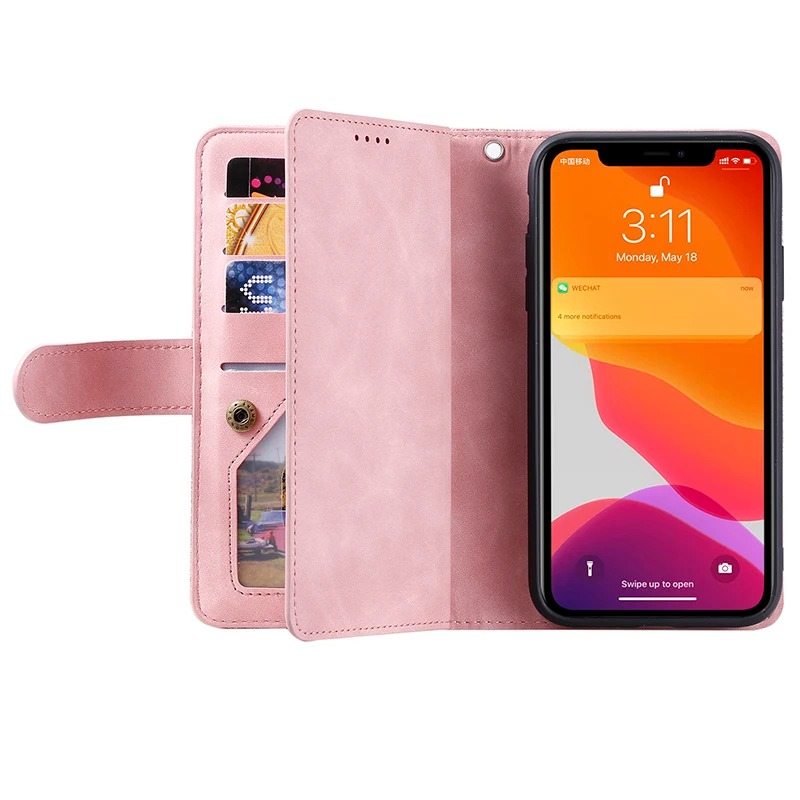 Hochwertige Leder-Handyhülle mit Reißverschluss, Kartenhalter, Stand und Riemen iPhone Hülle | Flip-Cover Case für Apple iPhone 16/16e, 15, 14, 13, 12 Pro Max, Pro, Plus & Mini - Vielseitige Schutzhülle