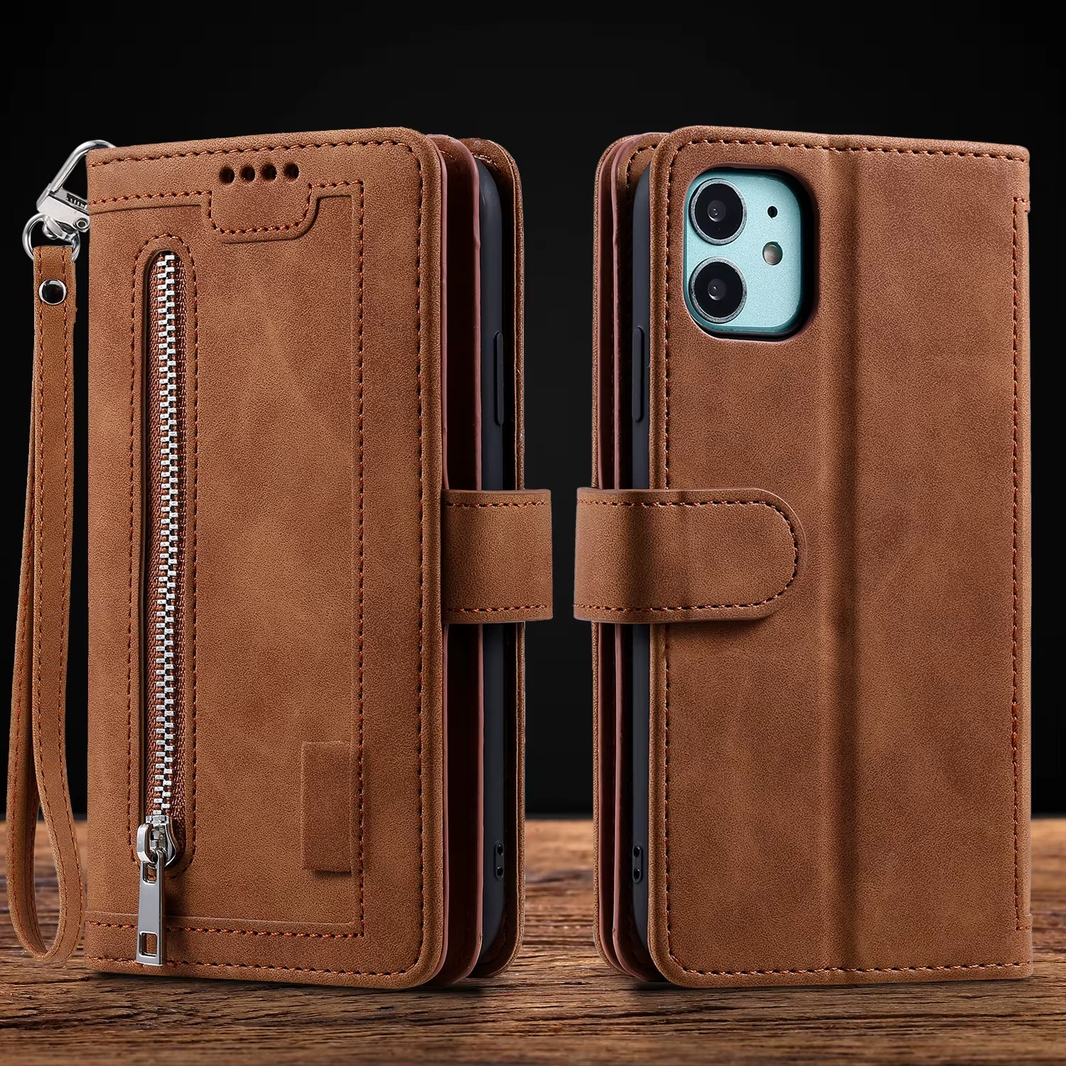 Hochwertige Leder-Handyhülle mit Reißverschluss, Kartenhalter, Stand und Riemen iPhone Hülle | Flip-Cover Case für Apple iPhone 16/16e, 15, 14, 13, 12 Pro Max, Pro, Plus & Mini - Vielseitige Schutzhülle