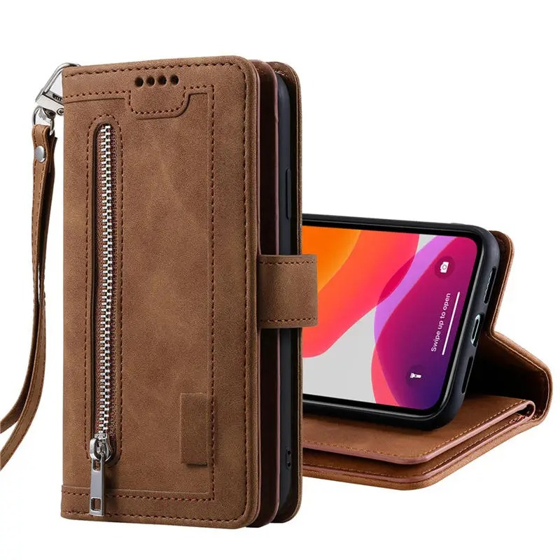 Hochwertige Leder-Handyhülle mit Reißverschluss, Kartenhalter, Stand und Riemen iPhone Hülle | Flip-Cover Case für Apple iPhone 16/16e, 15, 14, 13, 12 Pro Max, Pro, Plus & Mini - Vielseitige Schutzhülle