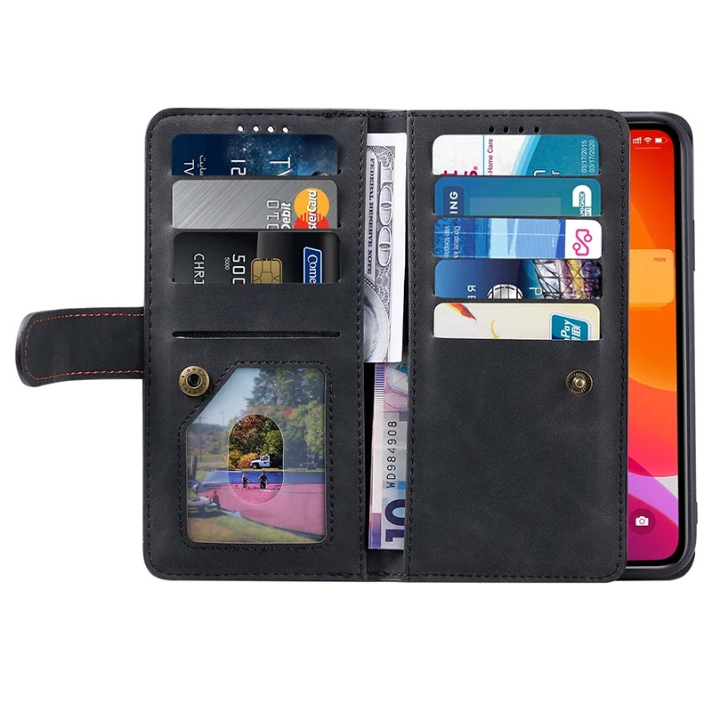 Hochwertige Leder-Handyhülle mit Reißverschluss, Kartenhalter, Stand und Riemen iPhone Hülle | Flip-Cover Case für Apple iPhone 16/16e, 15, 14, 13, 12 Pro Max, Pro, Plus & Mini - Vielseitige Schutzhülle