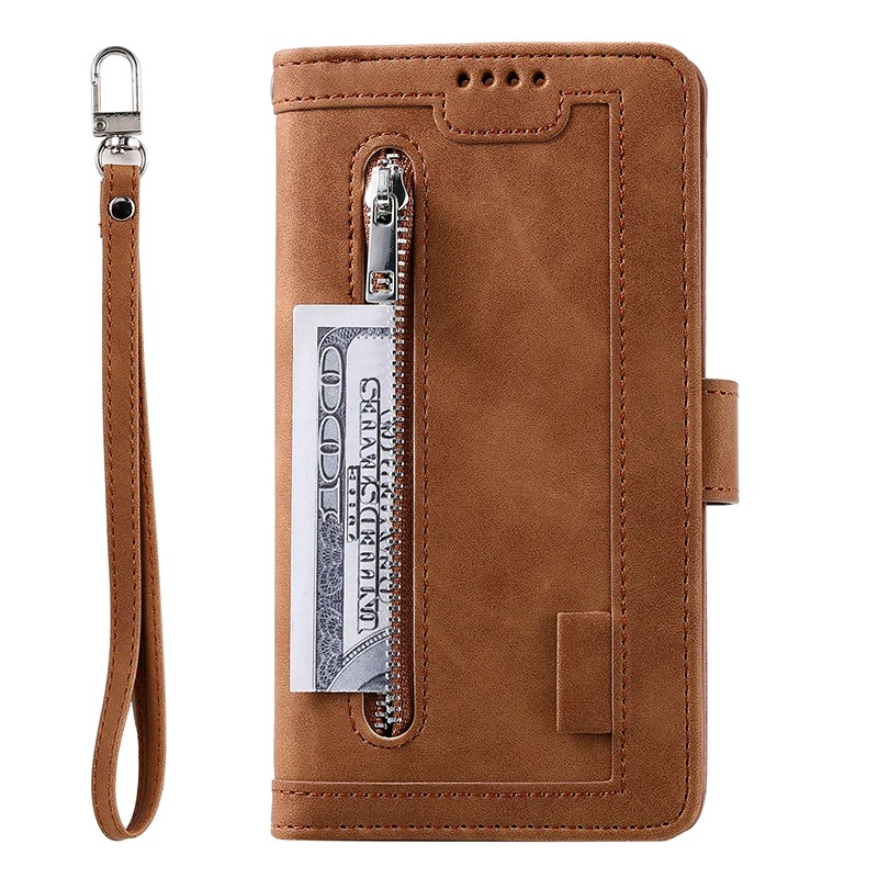 Hochwertige Leder-Handyhülle mit Reißverschluss, Kartenhalter, Stand und Riemen iPhone Hülle | Flip-Cover Case für Apple iPhone 16/16e, 15, 14, 13, 12 Pro Max, Pro, Plus & Mini - Vielseitige Schutzhülle