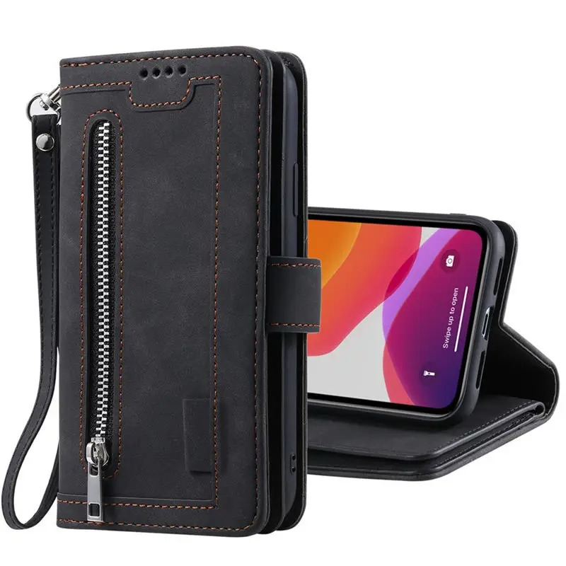 Hochwertige Leder-Handyhülle mit Reißverschluss, Kartenhalter, Stand und Riemen iPhone Hülle | Flip-Cover Case für Apple iPhone 16/16e, 15, 14, 13, 12 Pro Max, Pro, Plus & Mini - Vielseitige Schutzhülle