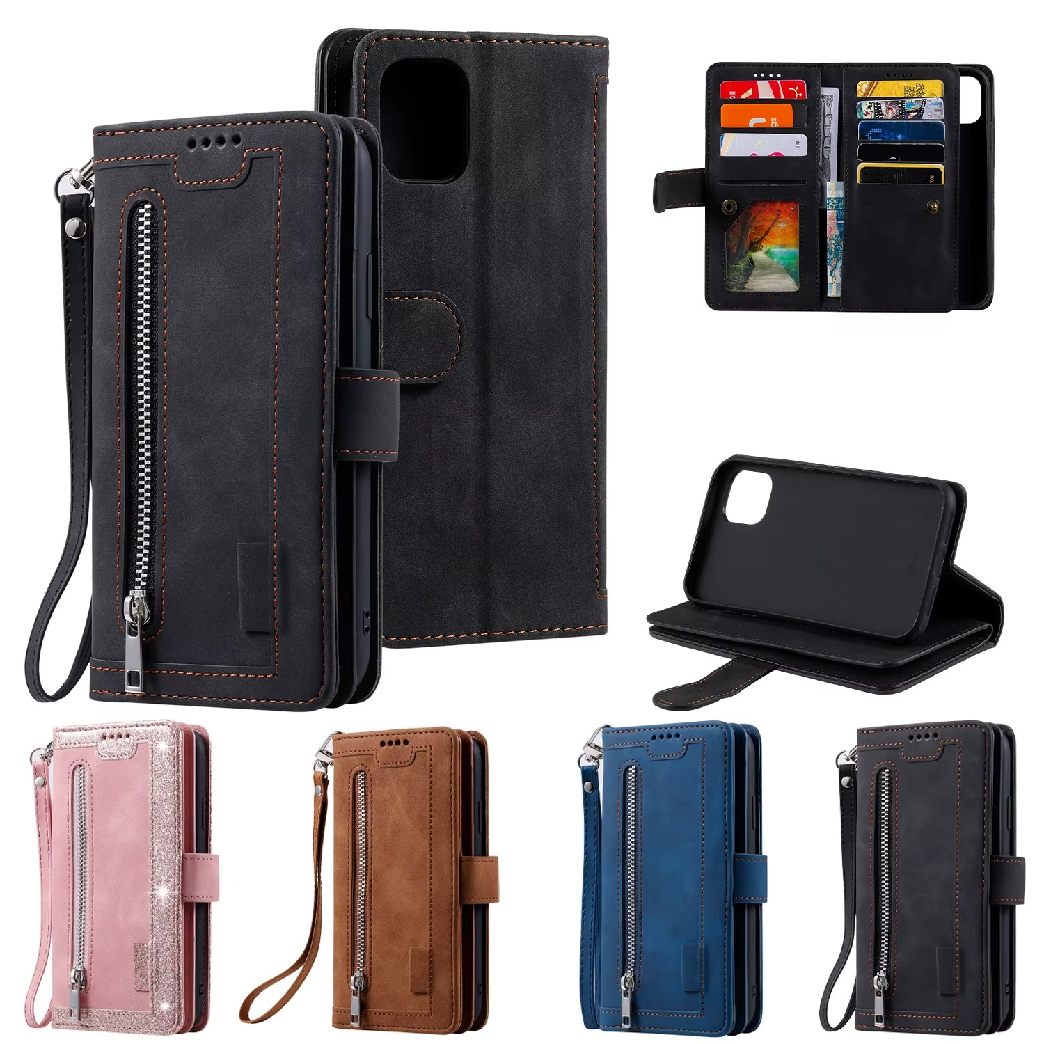 Hochwertige Leder-Handyhülle mit Reißverschluss, Kartenhalter, Stand und Riemen iPhone Hülle | Flip-Cover Case für Apple iPhone 16/16e, 15, 14, 13, 12 Pro Max, Pro, Plus & Mini - Vielseitige Schutzhülle