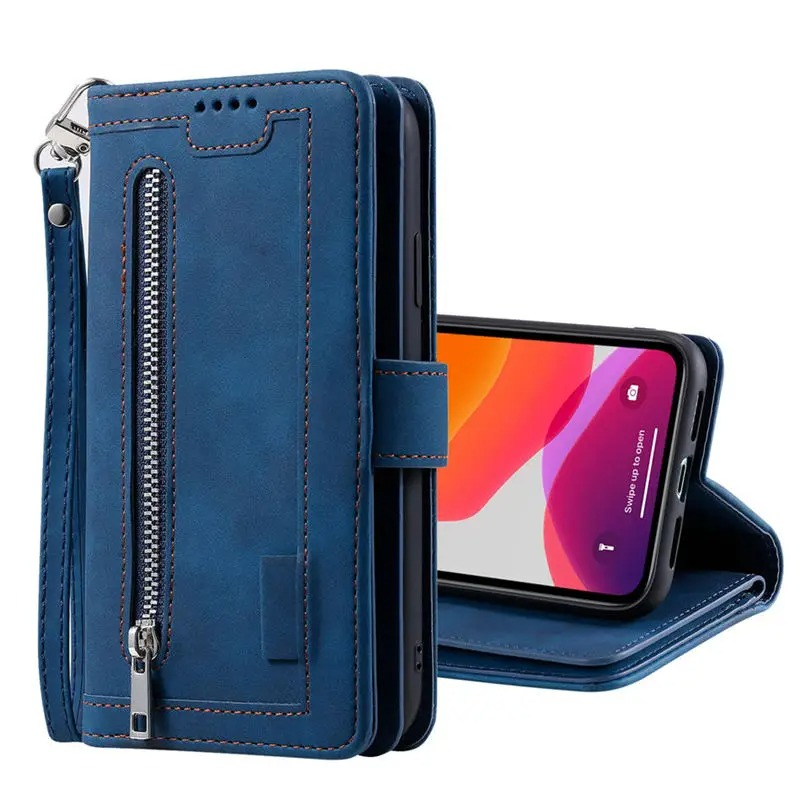 Hochwertige Leder-Handyhülle mit Reißverschluss, Kartenhalter, Stand und Riemen iPhone Hülle | Flip-Cover Case für Apple iPhone 16/16e, 15, 14, 13, 12 Pro Max, Pro, Plus & Mini - Vielseitige Schutzhülle