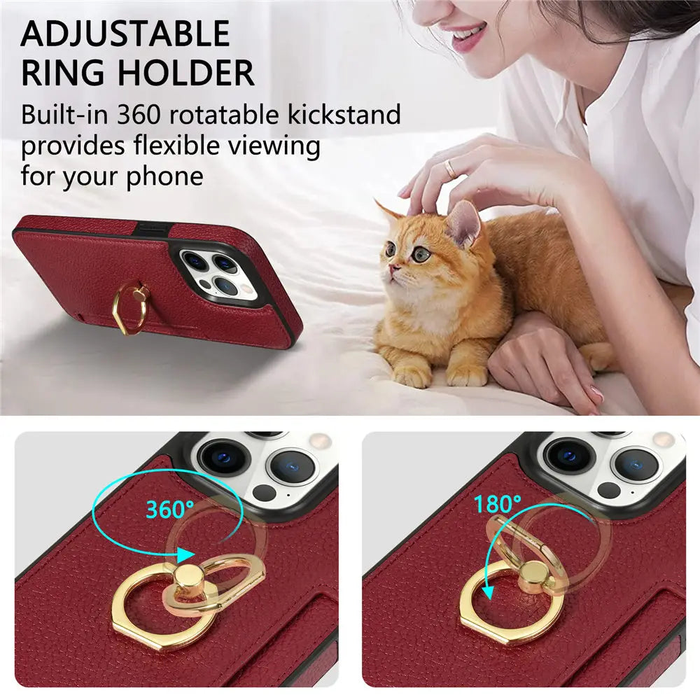 Hochwertiges Kartenfach Leder Brieftasche, Ringhalter und Ständer iPhone Hülle | MagSafe Case, Rundumschutz, Kameralinsenschutzabdeckung für Apple iPhone 16/16e, 15, 14, 13, 12 Pro Max, Pro, Plus, Mini | Panzer Handyhülle Wallet Geldbörse Schutzhülle