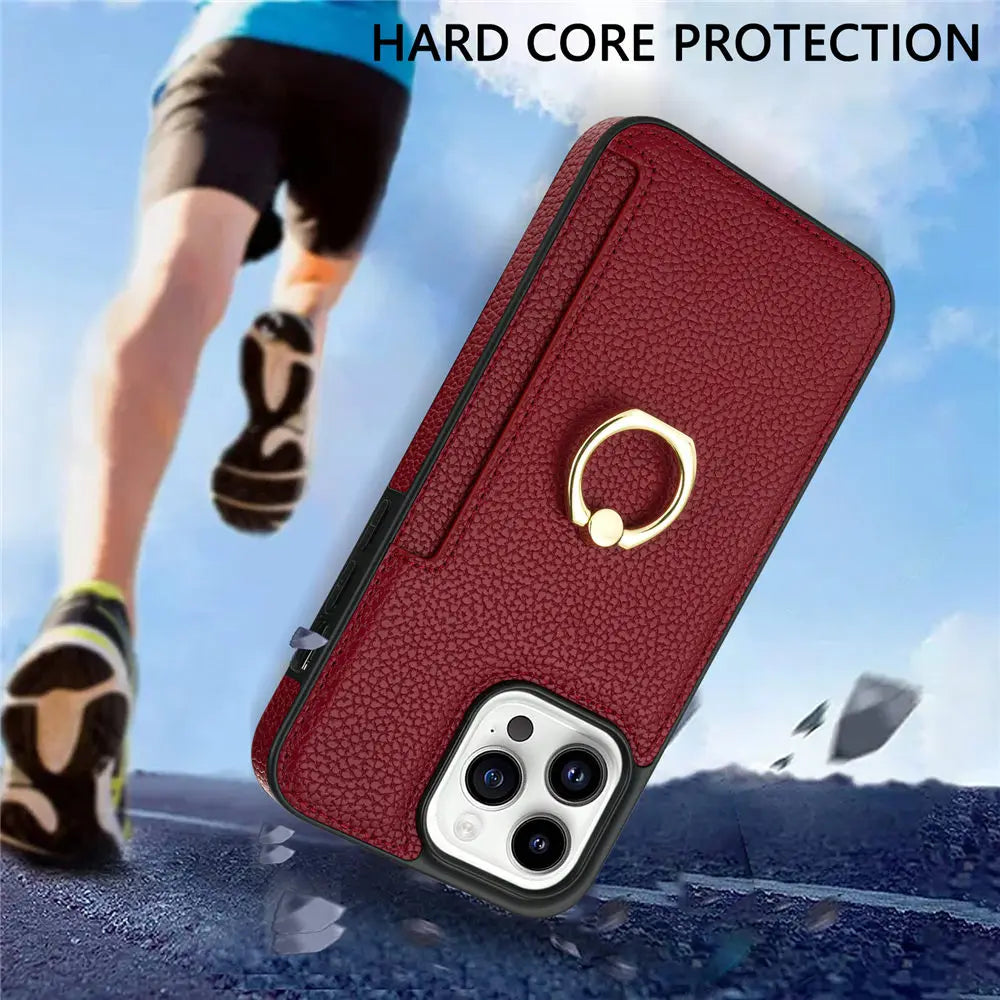 Hochwertiges Kartenfach Leder Brieftasche, Ringhalter und Ständer iPhone Hülle | MagSafe Case, Rundumschutz, Kameralinsenschutzabdeckung für Apple iPhone 16/16e, 15, 14, 13, 12 Pro Max, Pro, Plus, Mini | Panzer Handyhülle Wallet Geldbörse Schutzhülle