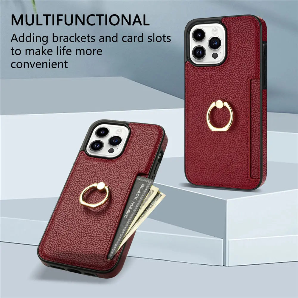 Hochwertiges Kartenfach Leder Brieftasche, Ringhalter und Ständer iPhone Hülle | MagSafe Case, Rundumschutz, Kameralinsenschutzabdeckung für Apple iPhone 16/16e, 15, 14, 13, 12 Pro Max, Pro, Plus, Mini | Panzer Handyhülle Wallet Geldbörse Schutzhülle