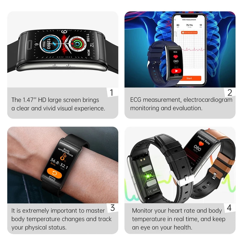 Premium hochwertiges, nicht-invasives Blutzucker-EKG, PPG Gesundheits-Smart-Armband – IP68 wasserdichte Sport-Smartwatch, Blutzuckermessung: Männer & Frauen | Herzfrequenz, Schlafanalyse, Schrittzähler, Anruf- & App-Benachrichtigungen | iOS & Android