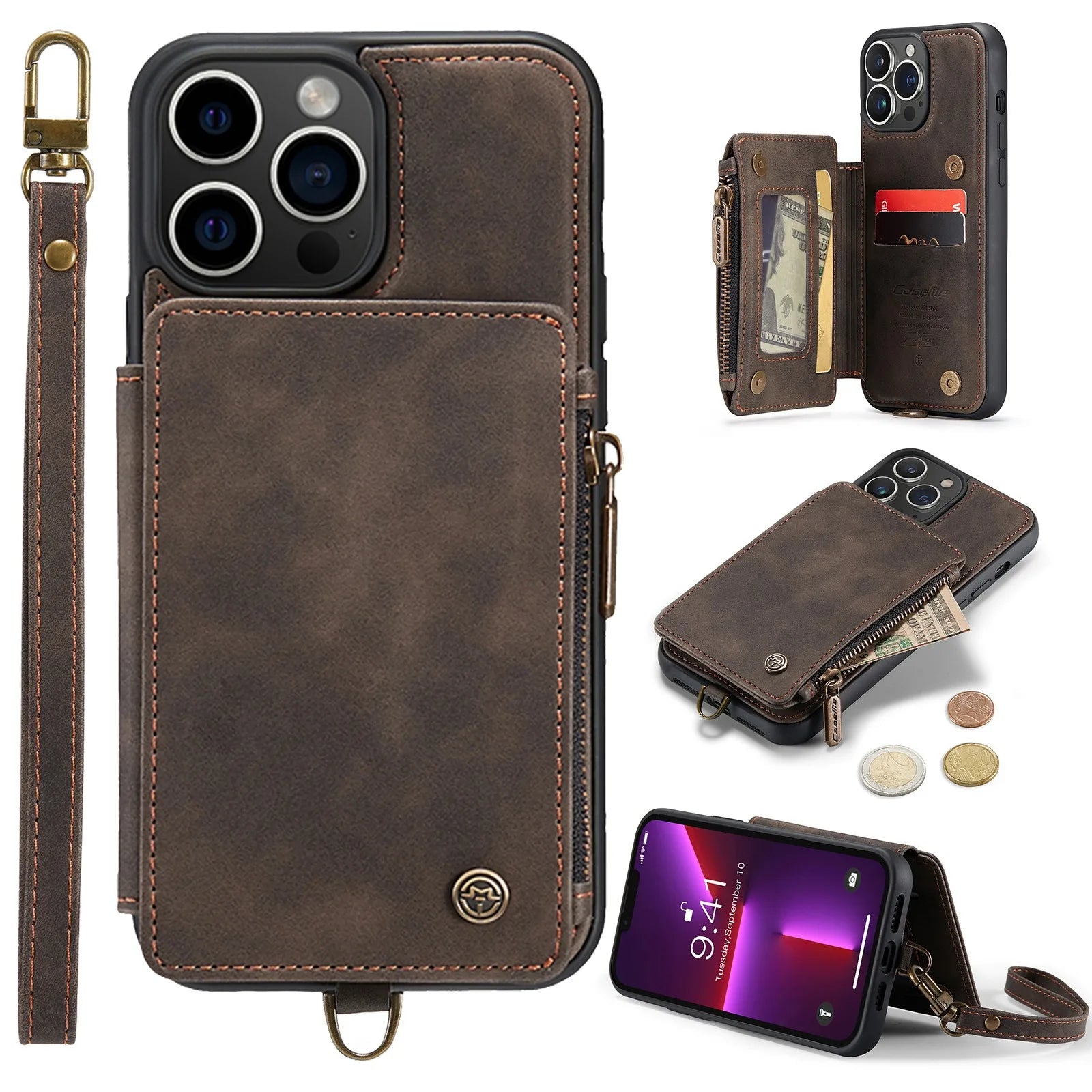 Hochwertige Leder-Brieftasche mit Kartenfach, Portmonee und Ständer iPhone-Hülle | MagSafe Case, Rundumschutz, Kameralinsenschutzabdeckung für Apple iPhone 16/15/14/13/12 Pro Max Plus Mini Cover | Panzertasche Handyhülle | Wallet & Geldbörse Schutzhülle